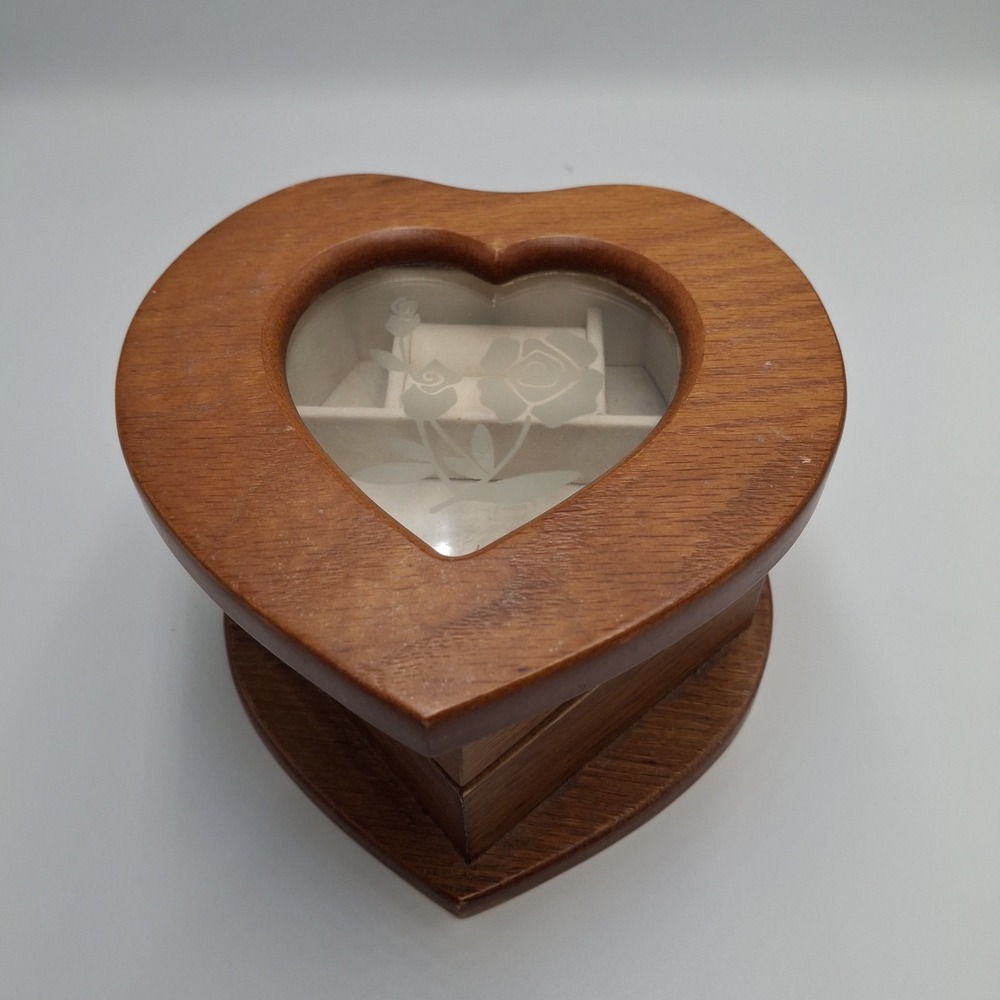Vintage Jewelry Box Wood Heart Shaped Two Tier Swivel Glass Etched Floral Top